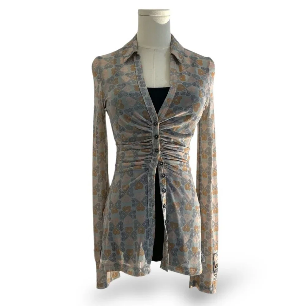 FREE PEOPLE Lucky‎ Shirt Sheer Mult-color Heart Pattern Ruched Wm Size Small